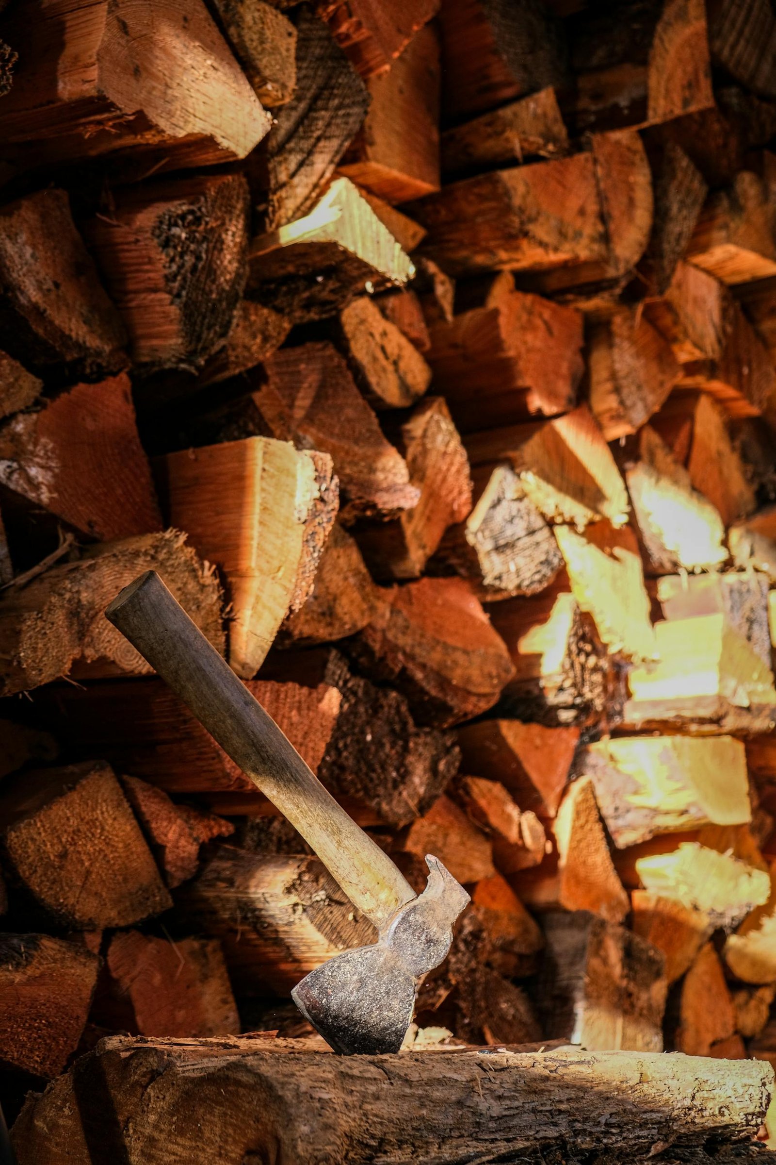 An axe embedded in chopped firewood creating a rustic and cozy autumn vibe.