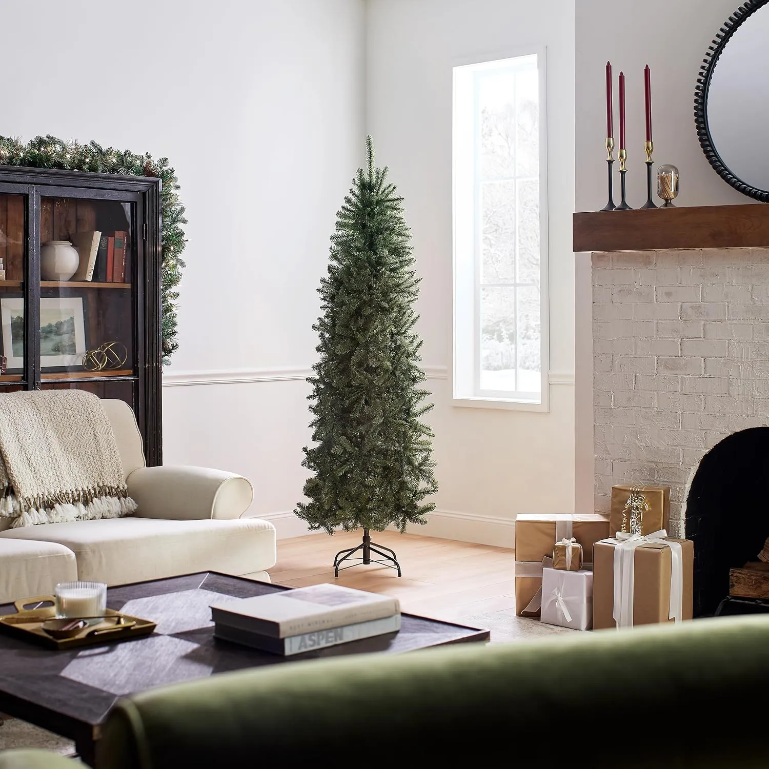 Unlit National Tree Company Kingswood Fir with a narrow profile