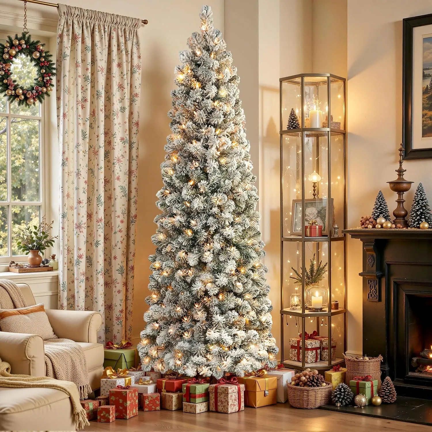 SHareconn flocked pencil Christmas tree with warm white lights